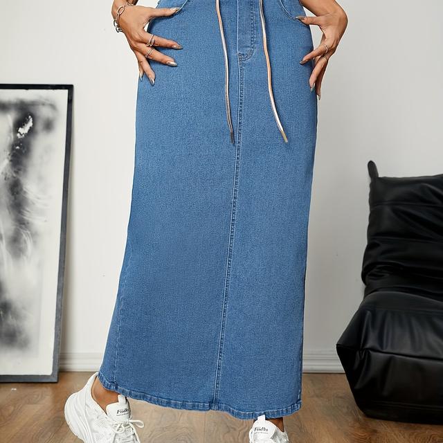 TEMU Jupe crayon en denim décontractée pour femme avec taille élastique et cordon de serrage, 65% 35% polyester, extensibilité moyenne, couleur unie, tissu tissé, 300g/m², pour /été/automne