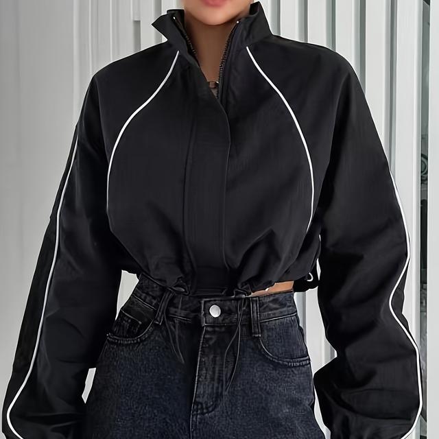 TEMU Color Block Zipper Drop Shoulder Jacket, Preppy Long Sleeve Jacket For Fall & Winter, Women's Clothing