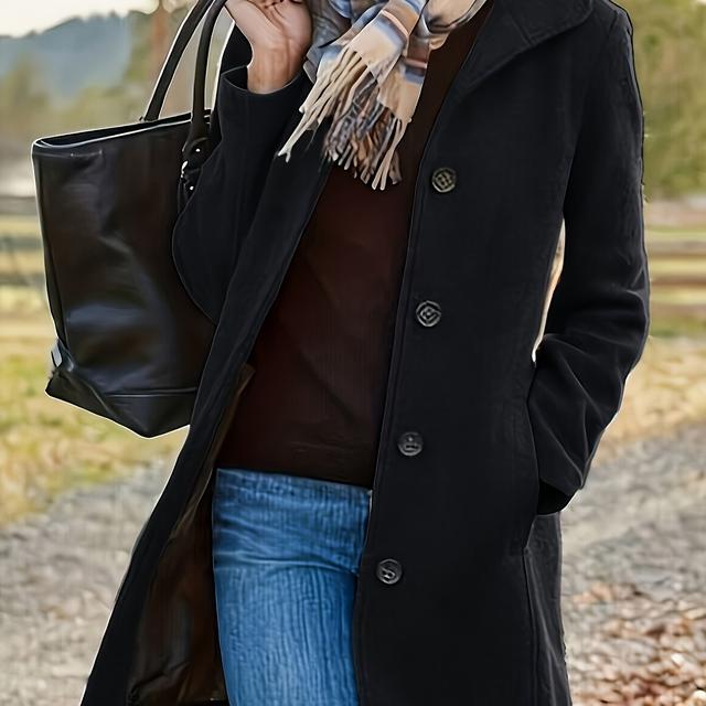 TEMU Women's Mid-length Tweed Coat - Solid Color Black, Button-, Long Sleeve, Style For Fall/winter, Versatile Layering Piece, Seasonal Fashion, Elegant Design, Textured Fabric