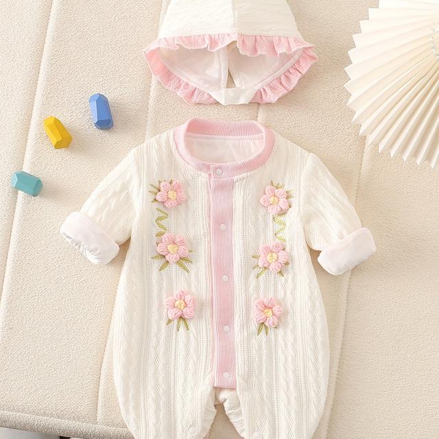 TEMU 's + 2pcs Six-flower Hat Lace Romper And Hat For Baby Girls And Autumn Clothes, For Outdoor