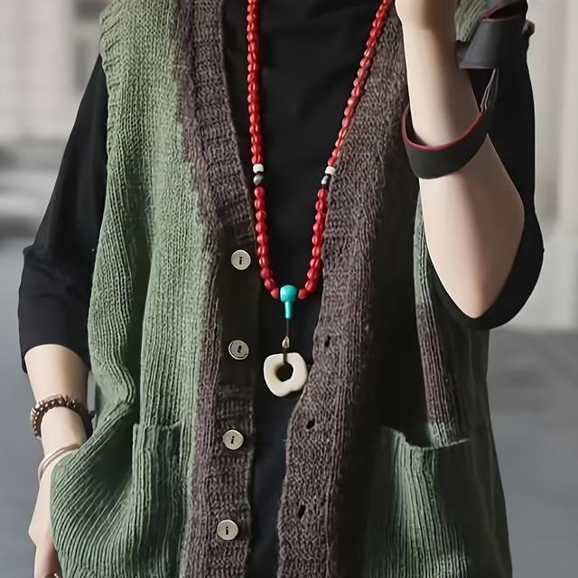 TEMU Plus Size, Literary Vest Cardigan With V-neck, Loose Fit, Layering Outerwear For Women, Color-block Sweater