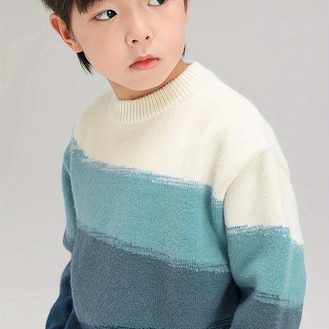 TEMU Boys' Winter Sweater Thick Warm Pullover - Soft Stretchy Knit Round Neck Casual Top, Machine Washable Regular Fit For Medium & Large Kids, Autumn & Winter Clothing, Comfortable Kids Wear