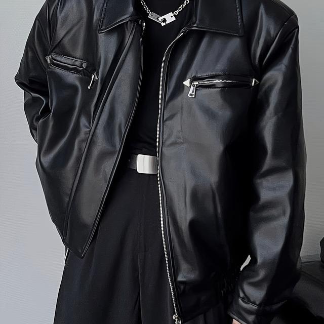 TEMU メンズ本物PUレザージャケット - 防風ダブル、複数ポケット付きバイクスタイル、ブラック、ゆったりフィット、春/秋/冬カジュアルストリートウェア、冬用ジャケット | スリークジャケットデザイン | 光沢仕上げジャケット、バイクライディングギア