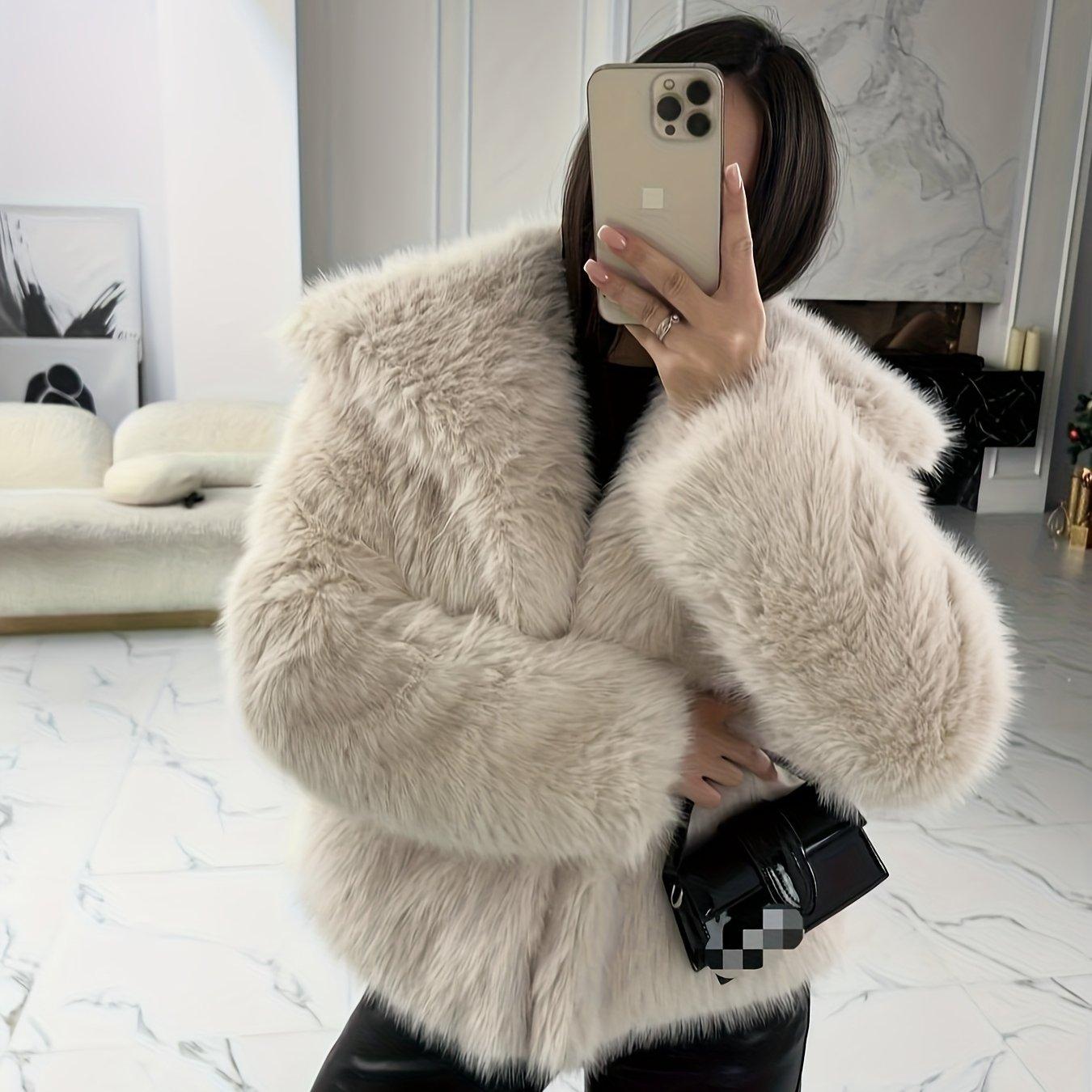 TEMU Ladies' Elegant And Fashionable V-neck Faux Fur Coat - Solid Color - - Fashionable Faux Fur Winter Coat