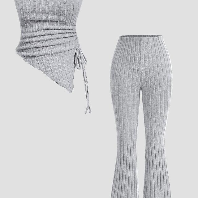 TEMU Combinaisons-pantalons décontractées de couleur unie côtelée, haut tube asymétrique bretelles et dos avec cordon de serrage et pantalon évasé, vêtements pour femmes