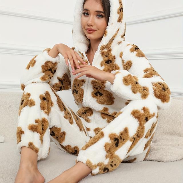 TEMU Popular Bear Print Zip-up Jumpsuit For Winter