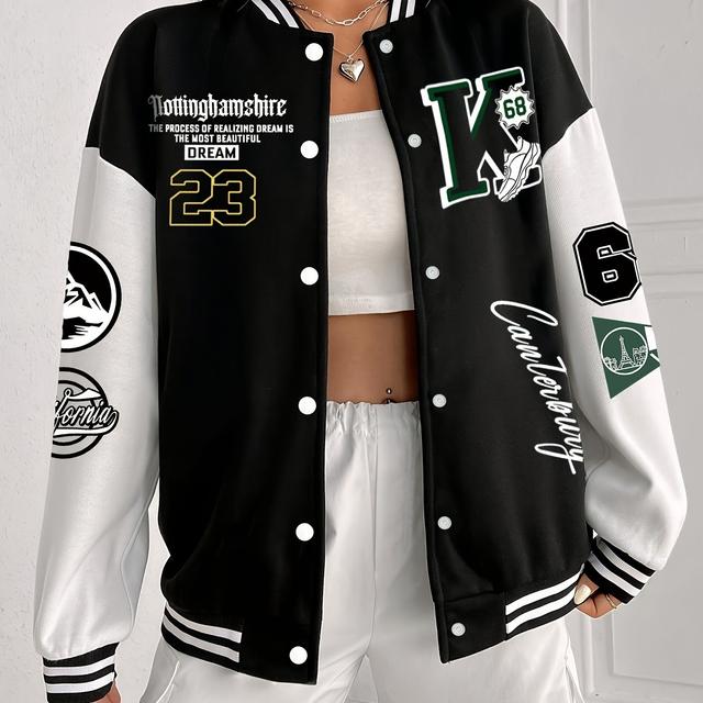 TEMU جاكيت بيسبول أنيق للنساء بمقاسات كبيرة - معطف كاجوال للخريف/الشتاء بطباعة ، بأزرار أمامية، قابل للغسل في الغسالة