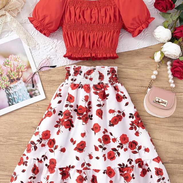 TEMU A Two-piece Set For Girls Featuring A Short-sleeved Top With A Round Neckline And Lantern Sleeves, Made From Solid Color Fabric, With A Floral Print Skirt