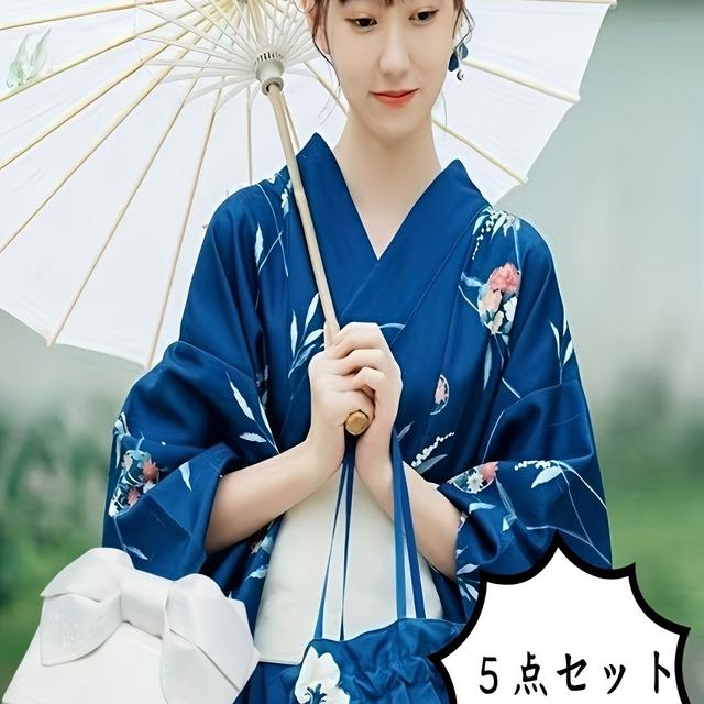 TEMU 女性用ル柄着物浴衣セット(扇子・ヘアピン・ベルト付き)かわいい花柄ワンピース 夏祭り大人用ユカタ ワンホールサイズ 花火向け