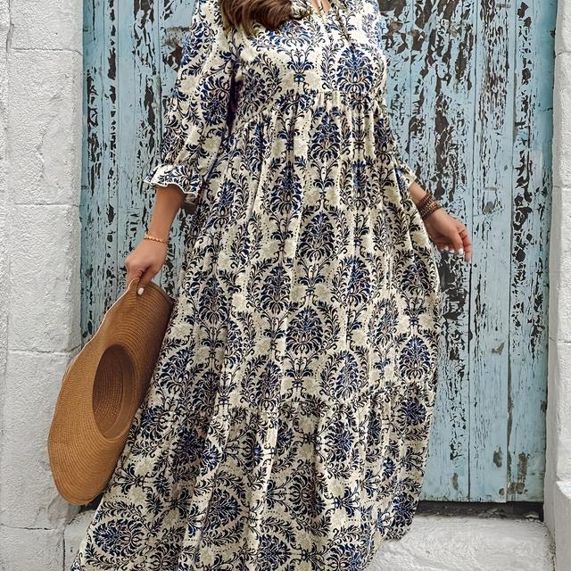 TEMU Robe Bohème Grande Taille - Imprimé , Manches ¾, Ourlet à Volants, Polyester, Élasticité, Style Élégant pour Femmes, Robes d'Été Mignonnes