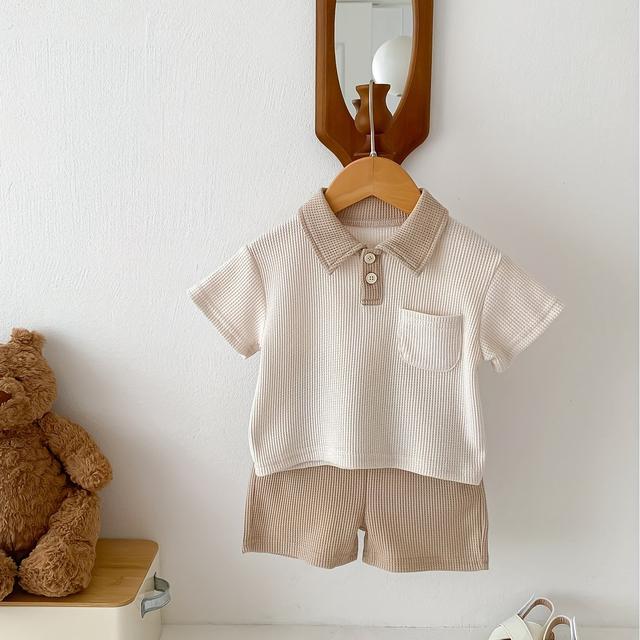 TEMU Infant Toddler Casual Color Block Lapel Pocket Short Sleeve T-shirt And Shorts 2pcs Set, Perfect For Outdoor