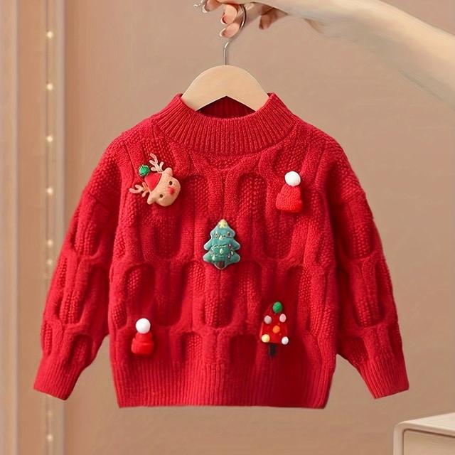 TEMU سترة بناتية على الطراز الكوري، طبقة أساسية محبوكة عصرية للأطفال لفصلي والشتاء وعيد الميلاد