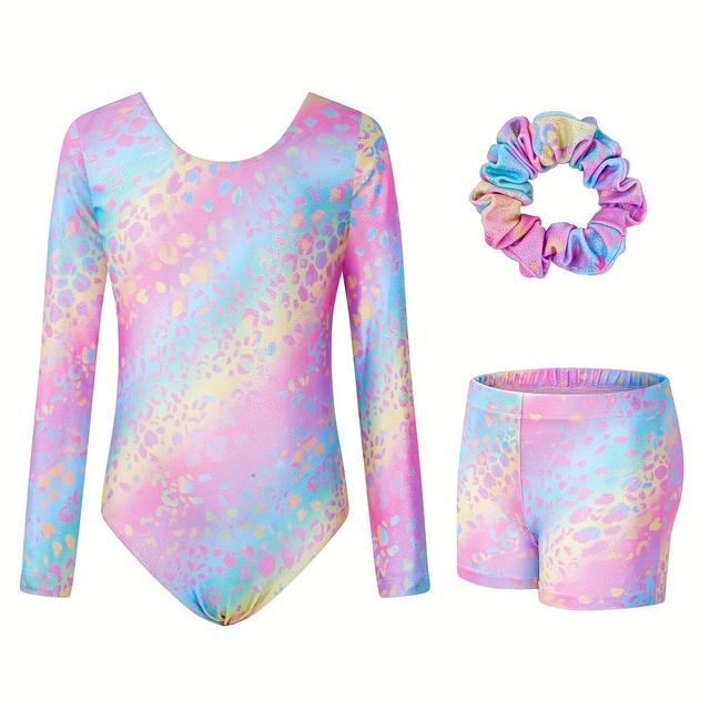 TEMU Girl's Gymnastics Leotard With Round Neck, Long Sleeves, Shorts, And Hair Tie - Three-piece Set In Silvery Gradient Leopard Print Pink And Blue For Dance And Training, Perfect For Outdoor