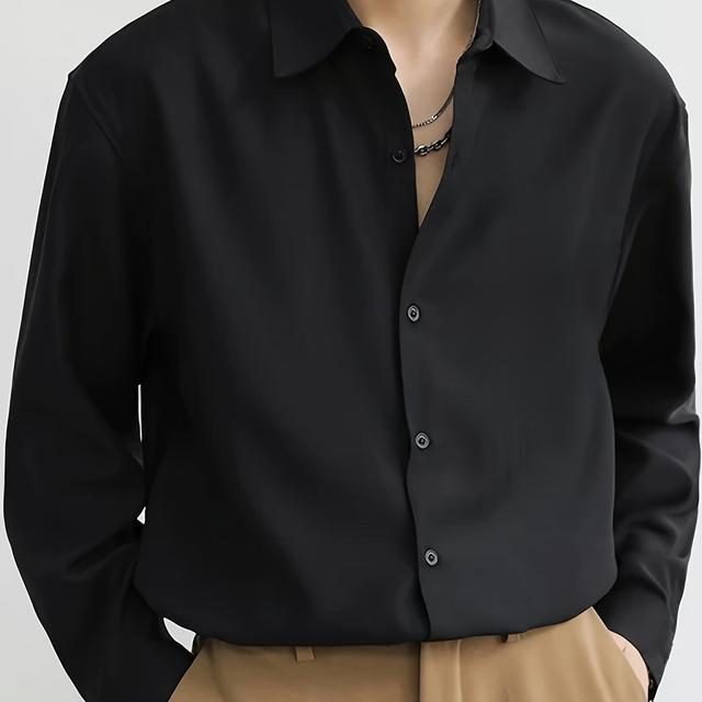 TEMU Men' Casual Long Sleeve Shirt - Polyester, Non-stretch, Semi-sheer, Solid Color, Spring/fall, For Autumn, Spring