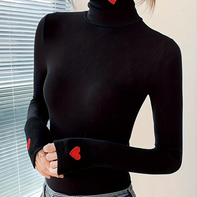 TEMU Plus Size, Women's Plus Size Long Sleeve High Neck T-shirt With Embroidered Black Heart - Slim Fit Blouse For Layering, Spring Summer Fall Elegant, Machine Washable Solid Color Shirt