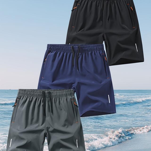 TEMU 3pcs Men's Casual Athletic Shorts - Black With Orange Accents, Elastic Waistband, Pockets, Stretchy Fabric For Beach & Fitness, Beach Shorts