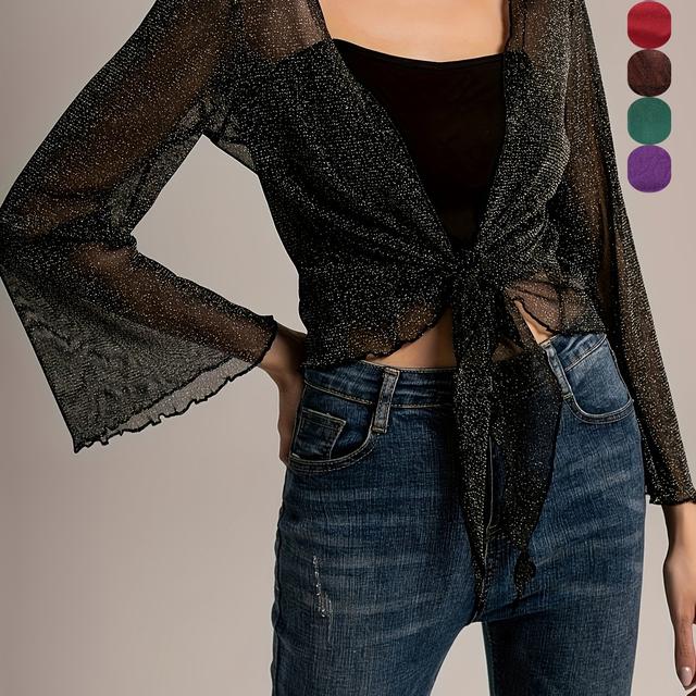 TEMU Richtungsabhängige 88052016 Damen-Strukturierte Bindung Vorne Rüschen-Crop-Jacke, Lässiges Schleiers-Top.