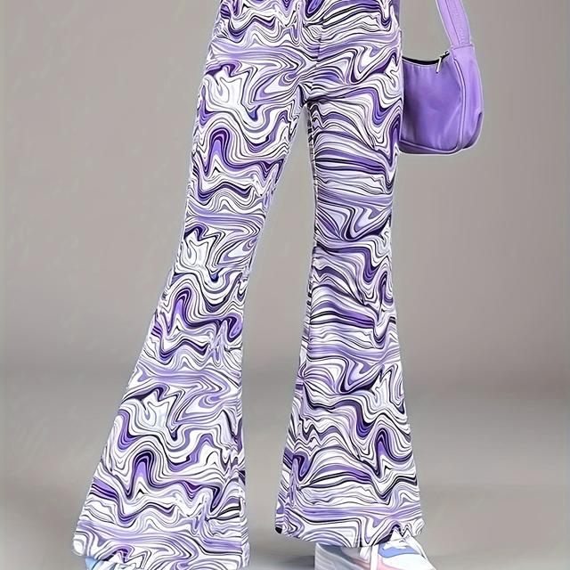 TEMU Girls' Fashion Flare Pants - Casual Full-print Bell Bottoms, Comfortable Polyester , Machine Washable, Ideal For School & Casual Attire, Outdoor