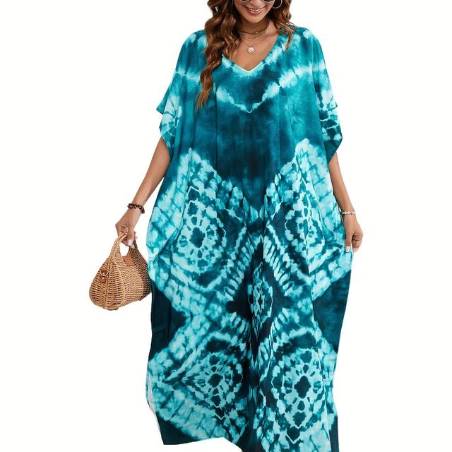 TEMU Women's Bohemian Tie-dye Beach Cover-up Dress - Vibrant Print, Flowy Long Tunic With Split Design, Summer Vacations And Beach Parties, Beach Coverup|boho Style|stretchy Fabric