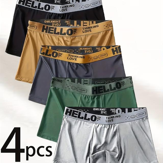 TEMU 4pcs Men's Boxer Briefs Underwear - Hello/my/your/his Name Print Briefs With Matching Waistband Text, Solid Color Low- (black/dark Grey/navy/beige) - Machine Washable Casual & (4 Styles)