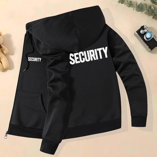 TEMU Men's Slim Fit Security Print Hooded Jacket - Lightweight Polyester/elastane Blend, Zipper Closure, Machine Washable, Autumn Winter Casual Streetwear With Lettering & Functional Pockets