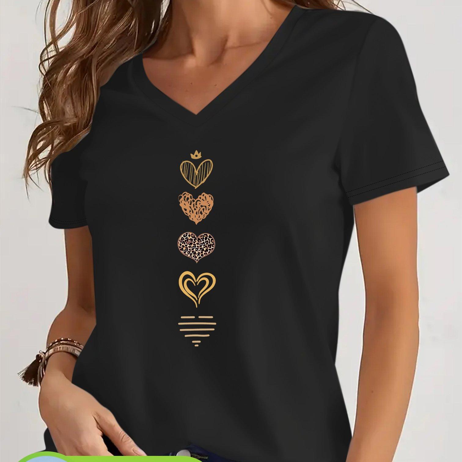 TEMU Women's Spring Summer 100% Casual Short Sleeve V-neck Top, Creatively Heart Crown Pattern Printed T-shirt, Home And Travel Wear