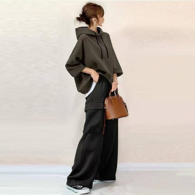 TEMU 2025年秋の新作！レディースカジュアルツーピースセット：フード付き3/4袖トップス＋ポケットパンツ、仕事やお出かけに最適な万能コーデ