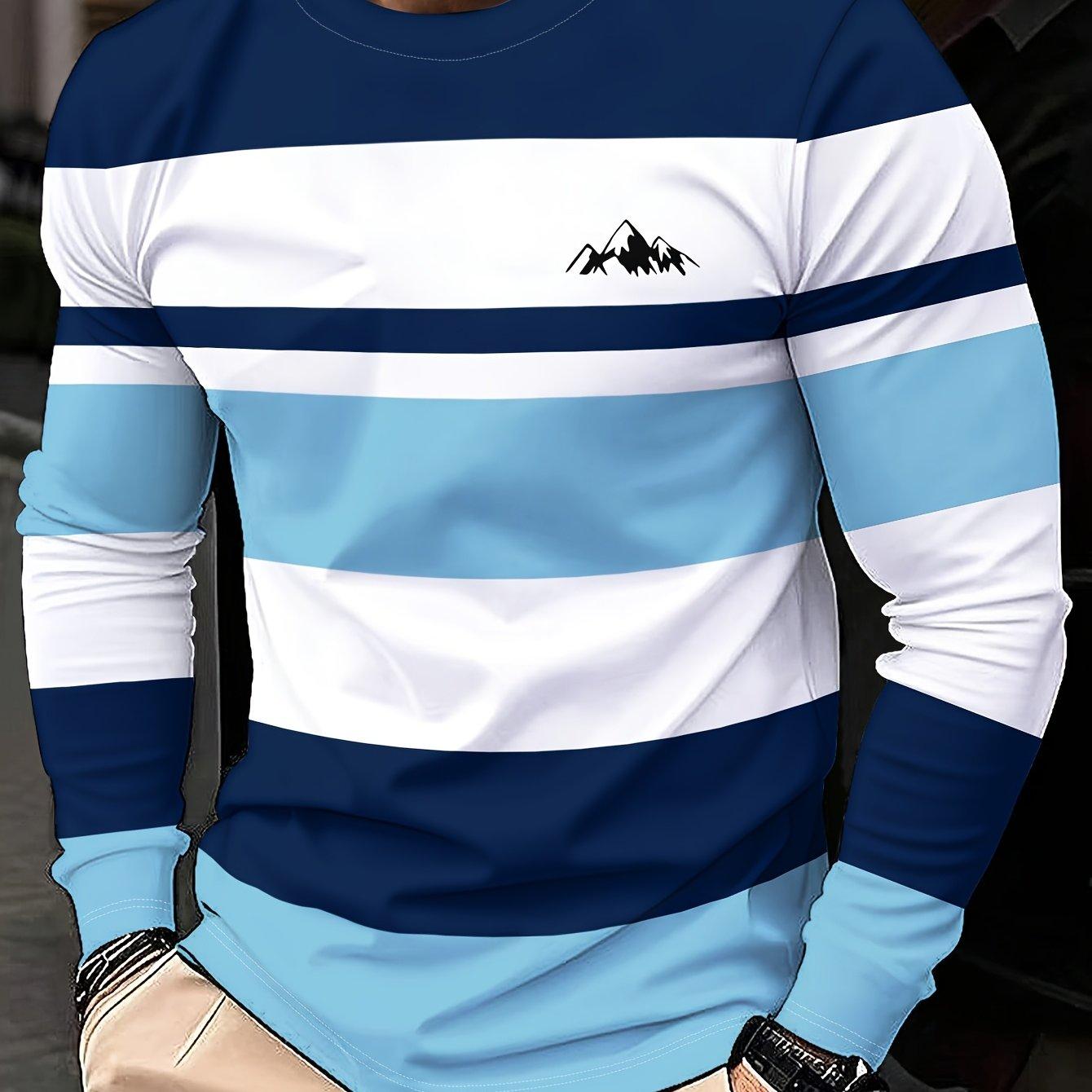 TEMU Men's Breathable Long Sleeve T-shirt - Casual Round Neck Striped & Suitable For Summer, Spring/ Wear, Relaxed Fit Shirts With Winding Tape, Machine Washable Opaque Top (ideal Gift)