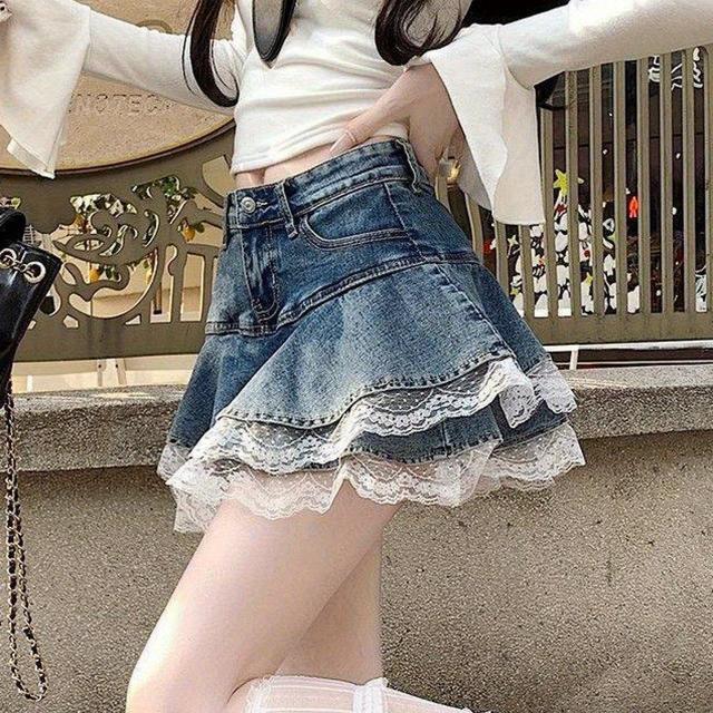 TEMU 【2025 春夏秋】レディース ハイウエスト デニム ミニスカート ｜ レースパネル スデザイン ポケット付き ｜ レギュラーフィット ファッション 耐久性構造