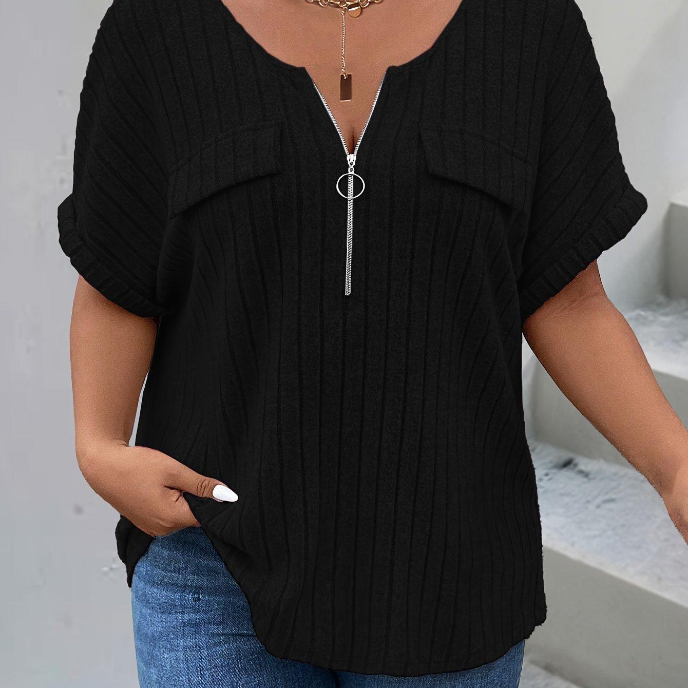TEMU Plus Size, Plus Size Frühling/Sommer Reißverschlusstasche Kurzarm Rippstrick Lockerer Casual Top T-Shirt für Damen
