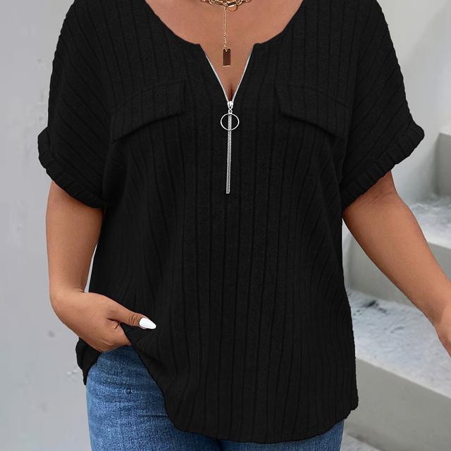 TEMU Plus Size, Plus Size Frühling/Sommer Reißverschlusstasche Kurzarm Rippstrick Lockerer Casual Top T-Shirt für Damen