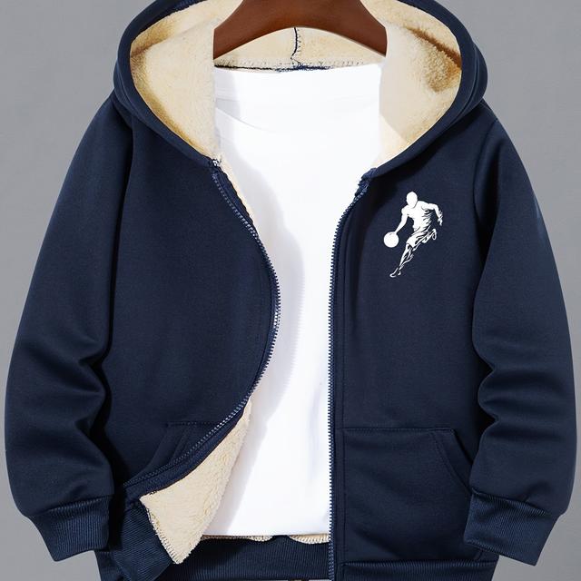 TEMU Boys' Lamb Zipper Jacket, Basketball Player Print Fashion Hooded Sweatshirt, Autumn And Winter Thickened Warm Outdoor Sportswear