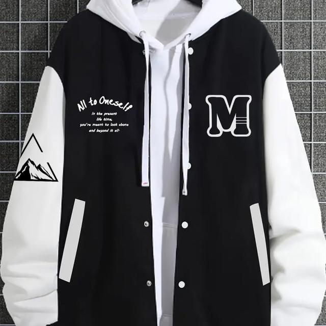 TEMU جاكيت رياضي كاجوال للرجال مع طباعة هندسية عصرية على شكل حرف M، إغلاق بأزرار، ملابس خارجية متعددة الاستخدامات لجميع ، مريح ومرن، دافئ!