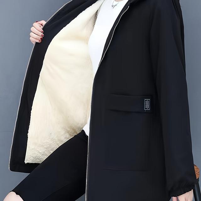 TEMU 여성용 캐주얼 후드 재킷 플리스 안감 - 단색, 지퍼업, 긴팔 가을 & 봄용 아우터웨어, 지퍼, 순수한 색상