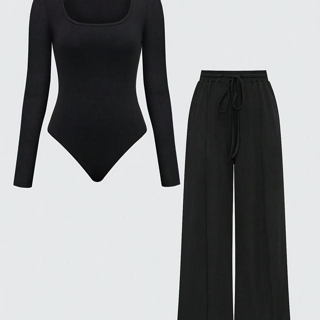 TEMU Summer Casual Solid Color Asymmetrical Hem Bodysuit And Pants Set