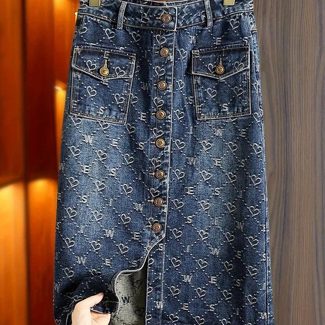 TEMU 女性用ンデニムスカート - 透けないスリットヒップスカート、ボタンクロージャー付き、春/夏/秋のカジュアルからルアウトフィット - 日常＆特別なイベントに - トなンスタイルスカート、季節のファッション、ジャカードテクスチャー、春夏の服装、耐久性のある生地、ファッション女性向け