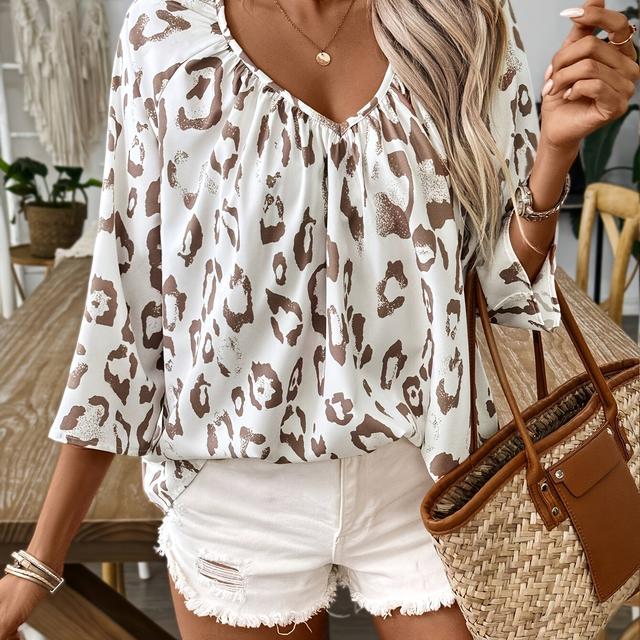 TEMU Elegant And Fashionable Mid-sleeve Leopard Print Top For Women, Casual Loose Collar Blouse, Sophisticated Western Style Leopard Top, Suitable For Office, Travel, Commuting, And Vacation Outfits