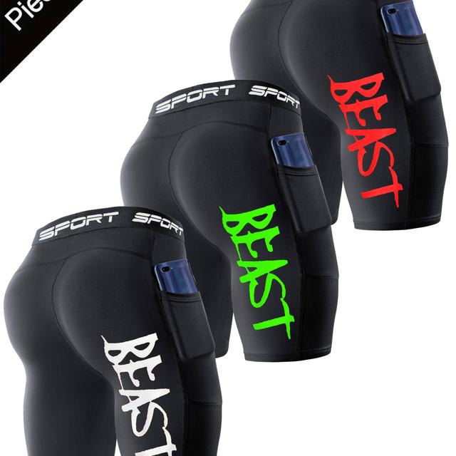 TEMU 3 Pantalones Deportivos de Compresión para Hombre con Letras "BEAST" - Transpirables y Elásticos, Ideales para Entrenamiento , Ciclismo y Running