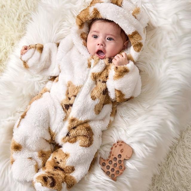 TEMU Boys' Cozy Fleece-lined Hooded Onesie With Cute Bear Print - Long Sleeve, Footed, , Fall & Winter, , Ideal For Outdoor Activities