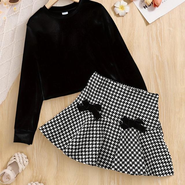 TEMU Girls' Ted Long Sleeve Top & Skirt Set For Spring/autumn