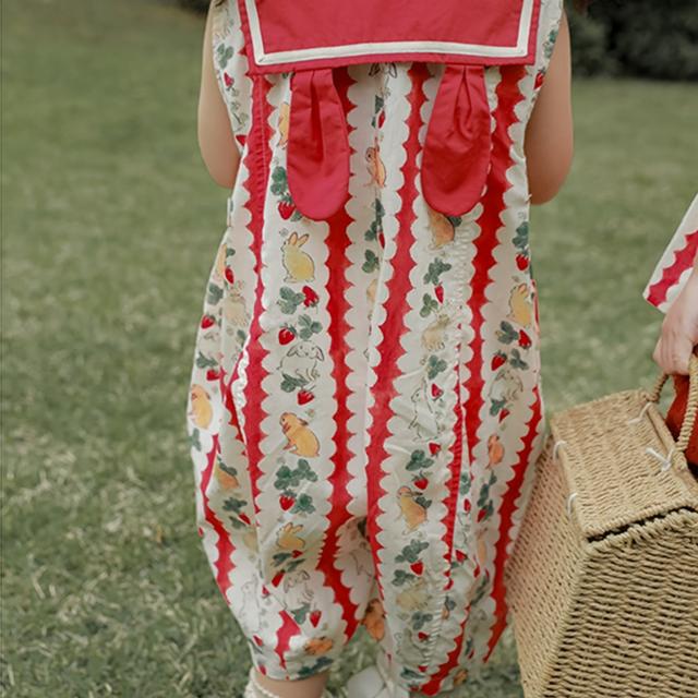 TEMU ชุดรอมเปอร์เด็กผู้หญิงฤดูร้อน - ลายกระต่ายน่ารัก พิมพ์ลายดอกไม้ คอปีเตอร์แพน ปุ่มหน้า สไตล์สบายๆ สำหรับอายุ 3-8 ปี เหมาะสำหรับสวมใส่กลางแจ้ง