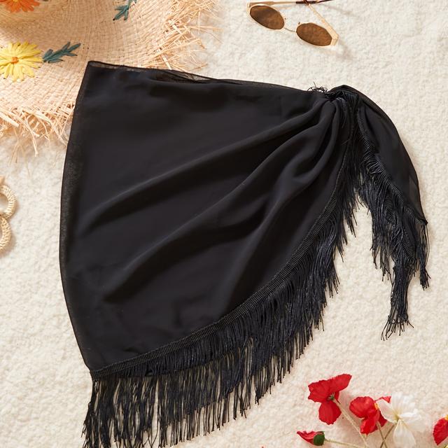 TEMU A Stylish And Elegant Solid Color Beach Vacation Wrap Skirt With Cm Tassel Lace Hem.