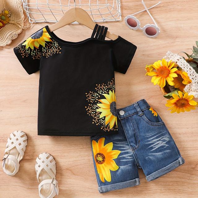 TEMU New Summer Two-piece Set For Baby Girls Aged 0-3 Years, Featuring A Black Sunflower T-shirt And Denim Shorts, For Outdoor