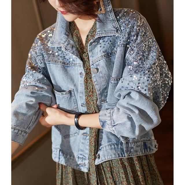 TEMU Chaqueta de Denim con Lentejuelas para Mujer, Estilo Europeo, Ropa de Otoño e Invierno, Top Ligero y Holgado