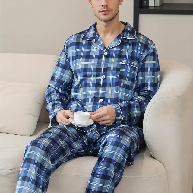 TEMU 남성용 사계절용 투피스 잠옷 세트, 트렌디한 체크무늬 디자인의 긴팔과 긴 바지로 홈웨어에 적합