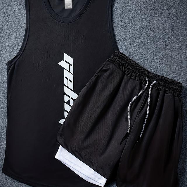 TEMU Men'-piece Basketball Outfit With Sleeveless Quick-dry Vest And Knee-length Shorts, Perfect For Running And Morning Workouts