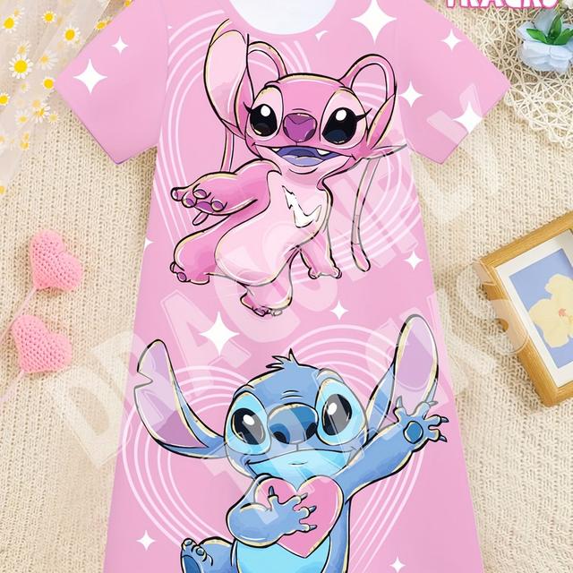 TEMU Girls' Sports Dress, Stitch & Dress, 3d Print Dress With Cute Stitch & Print, Casual Short Sleeve Dress For And Back-to-school, Outdoor