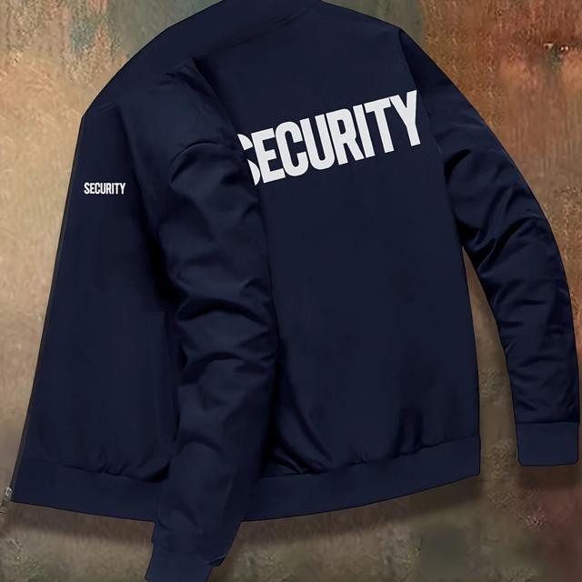 TEMU Men's Navy Blue "security" Print - Casual Baseball Collar, Zip-up, Long Sleeve With Pockets, Polyester Lining, Spring & Fall, Spring Outerwear | Graphic Jacket | Durable Outerwear