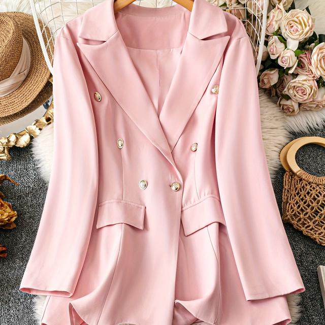 TEMU Women's Soft Pink Notch Lapel Blazer - Middle Eastern-inspired Tailored Jacket With Golden-tone Buttons, Machine Washable Versatile Outerwear For Professional & Casual Wear