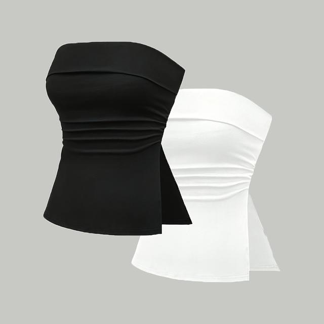 TEMU A Stylish Black And White Tube Top With A Split Hem, Perfect For Summer. This Elegant And Versatile Piece Is Great For Commuting And With Outfits, Offering A Flattering Fit That Conceals Any